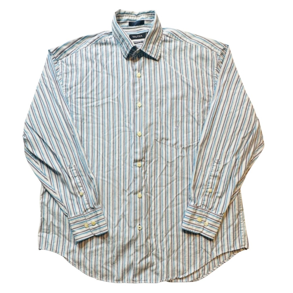 Nautica Shirt Mens Large Blue Striped Button Down Cotton Long Sleeve Casual‎